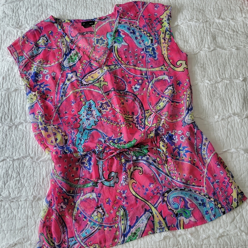 Lane Bryant Sheer Paisley Swim Cover Up Shirt 14/16 EUC Silver Thread Tie Waist